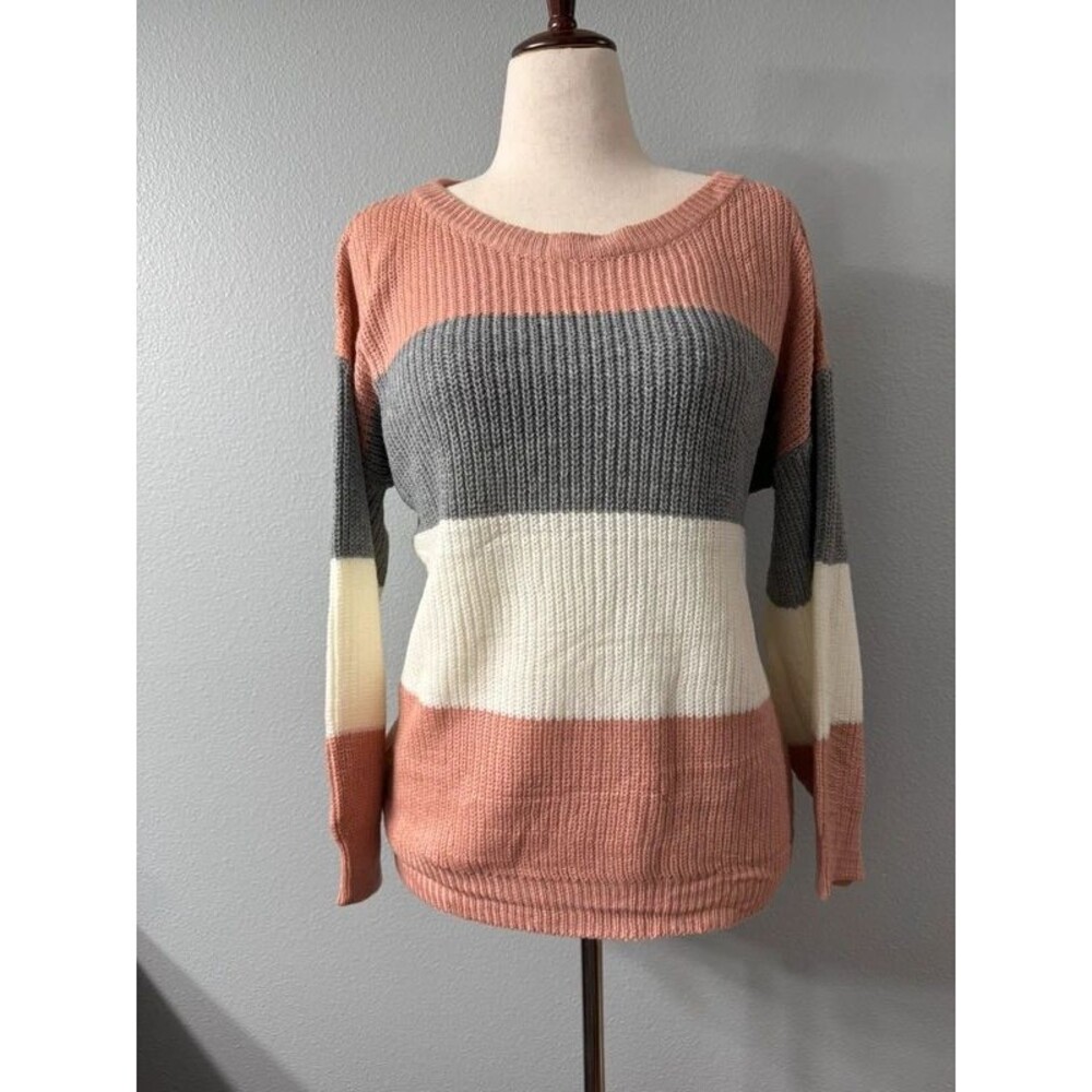 Miracle USA Colorblock Ribbed Knit Pullover Sweater Dusty Rose Gray Ivory M/L